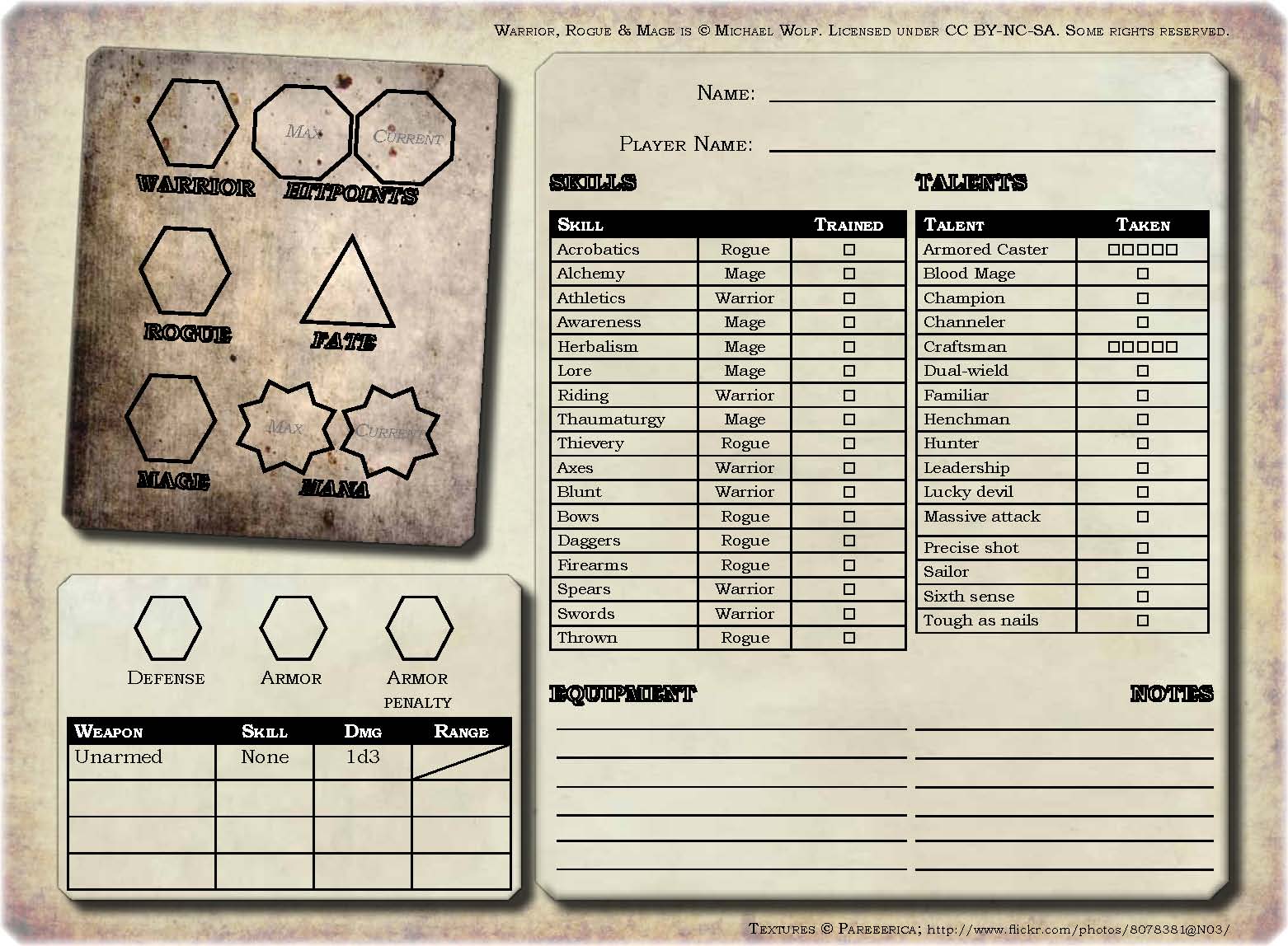 Warrior, Rogue & Mage character sheet – Stargazer Games